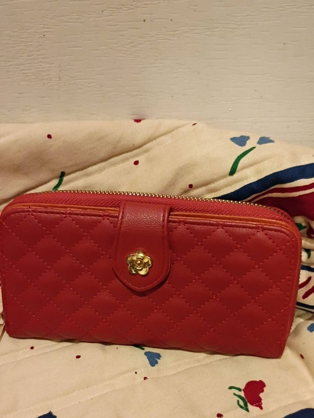 Quilted Red Leather Zip-Around Wallet with Floral Snap